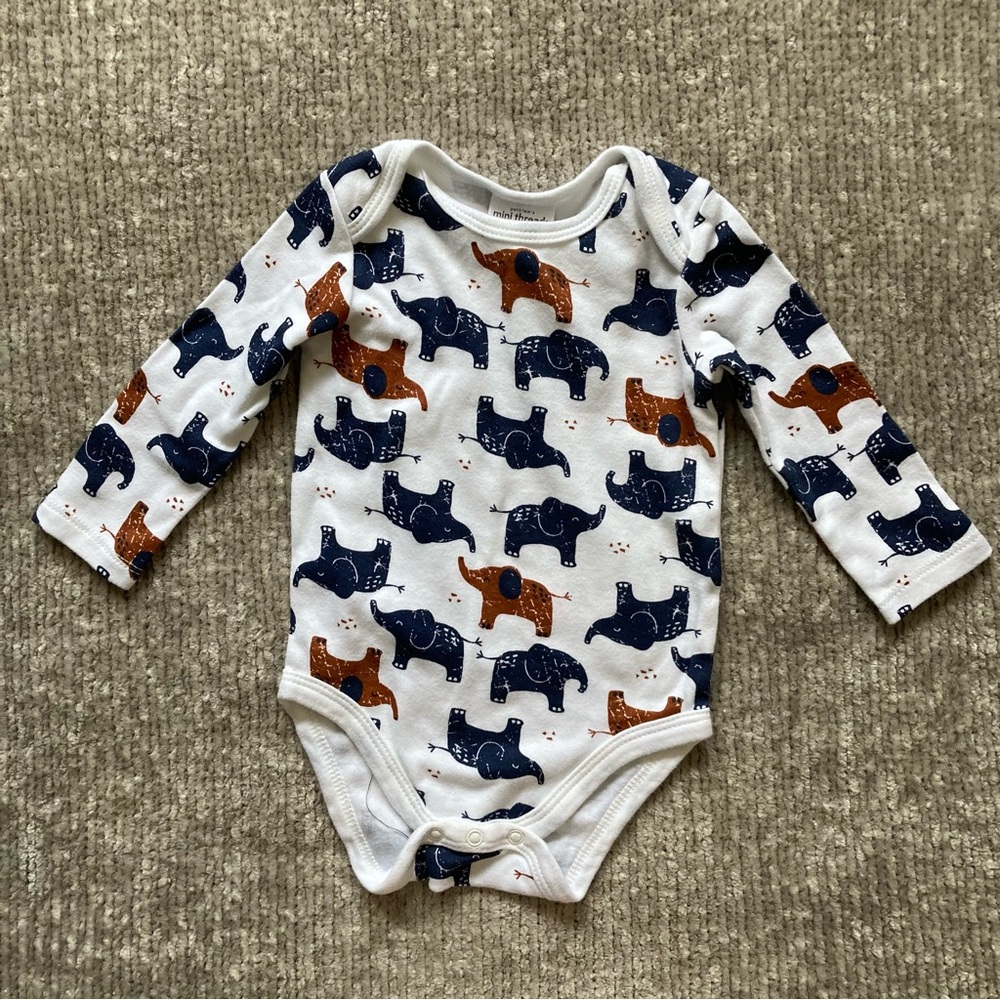 Petit Lem Mini Threads Elephant Print Long Sleeve Bodysuit‎ 6M Classic Animal